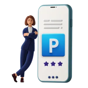 Omino accanto a smartphone mostra il modulo sosta dell'app di mobilità urbana CItySmart.
