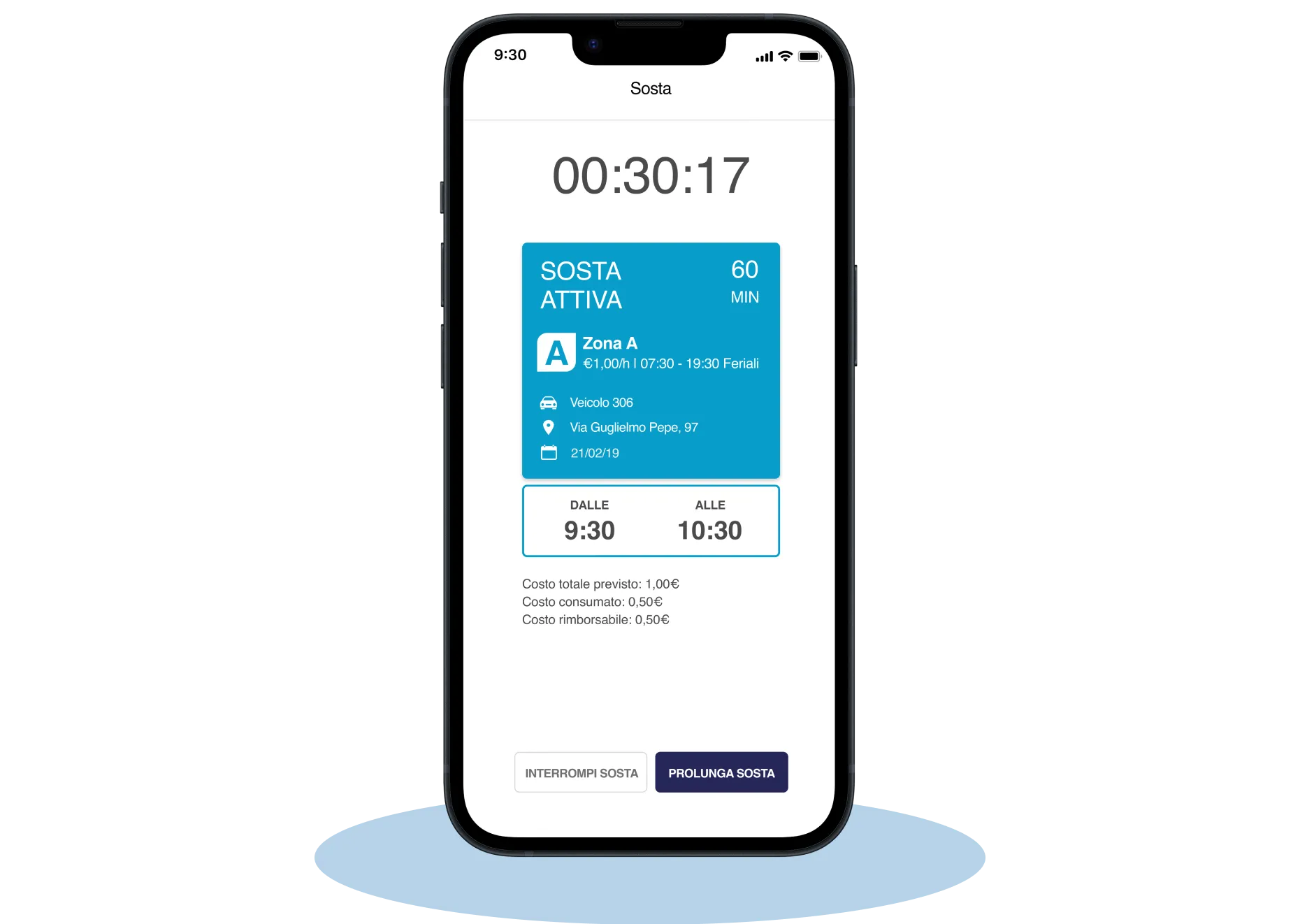 Schermata dell'app Mobility as a Service "CitySmart" mostra una sosta attiva.